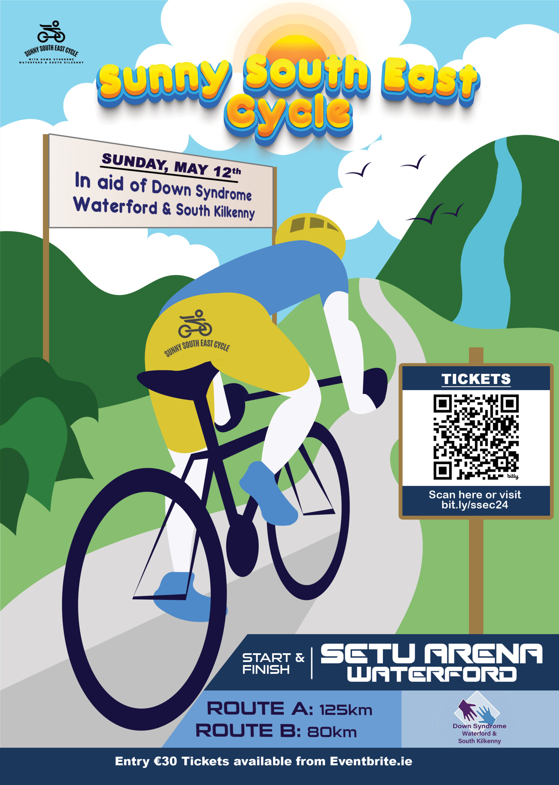 Poster for Sunny South East Cycle event featuring a person riding a bicycle through scenic landscapes.